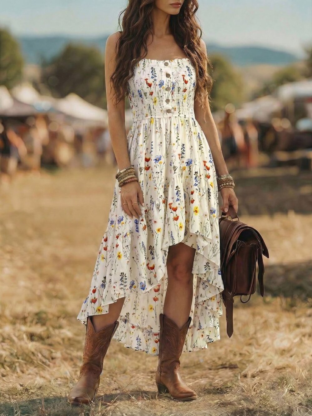 White Boho Women's Casual Floral Print Cinched Waist Midi Dress - Picture 4 of 7